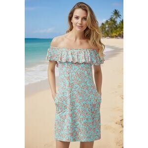 Tommy Bahama L Coral Cabana Off The Shoulder Coverup Dress Beach Tropical NWOT